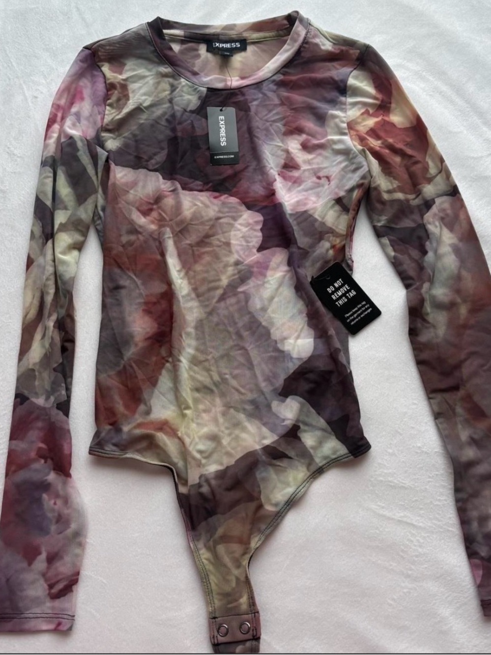 Express Long Sleeve Mesh Bodysuit in Floral Wash - Multi Color Size XXS NWT